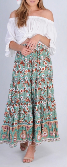 JAR OF HEARTS Boho Lover Aqua Turquoise Floral High Waisted Tiered Maxi Skirt - Picture 13 of 16